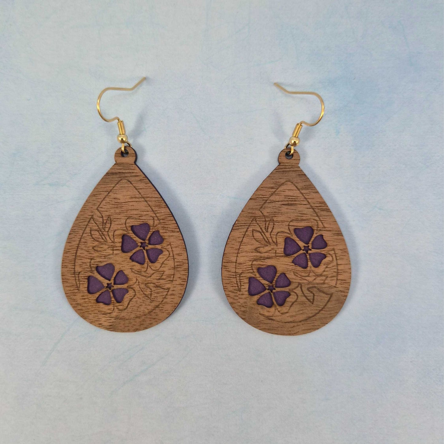 Engraved Wood Veneer & Purple Leatherette Floral Teardrop Earrings