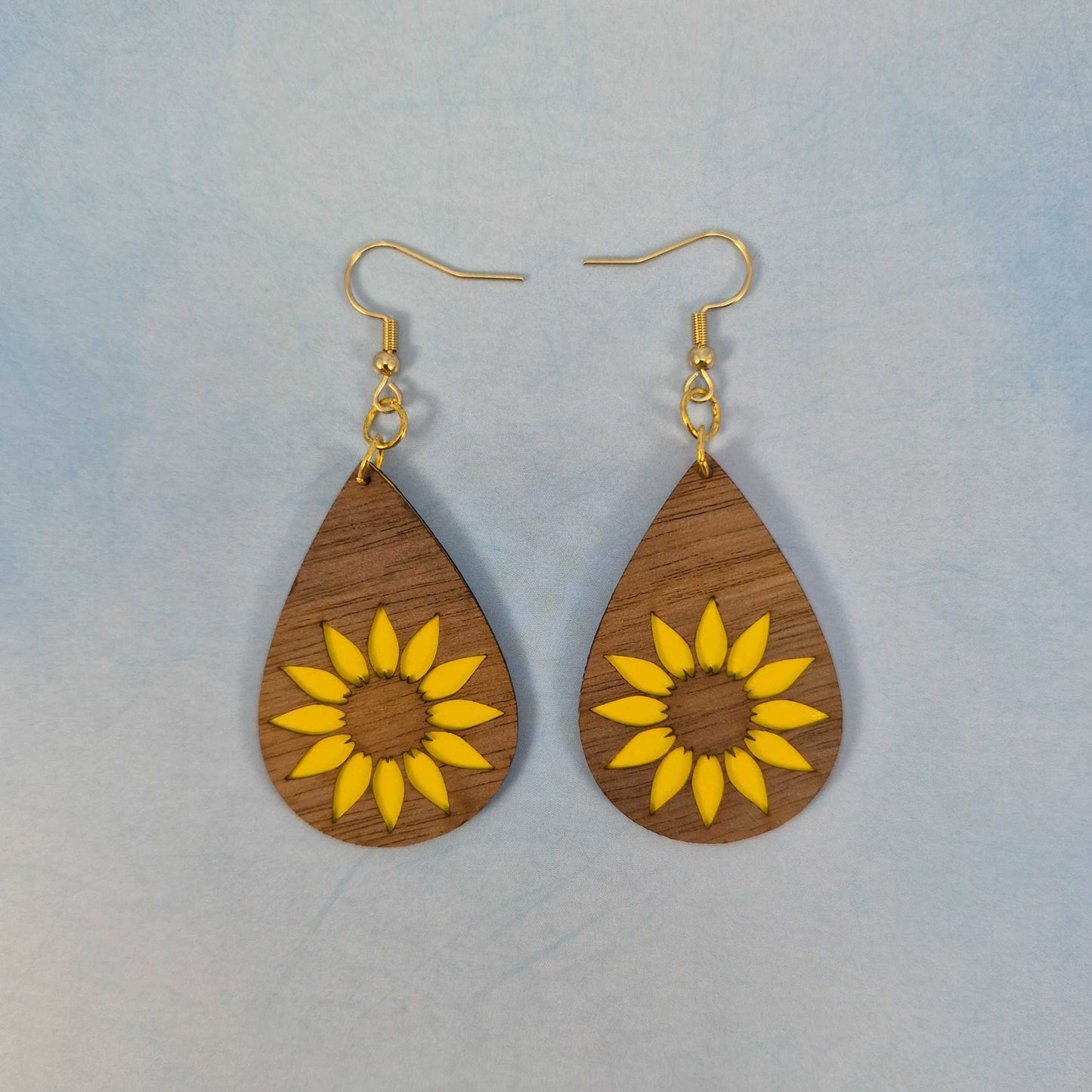 Sunflower Wood Veneer & Yellow Leatherette Dangle Earrings - Simple Front View