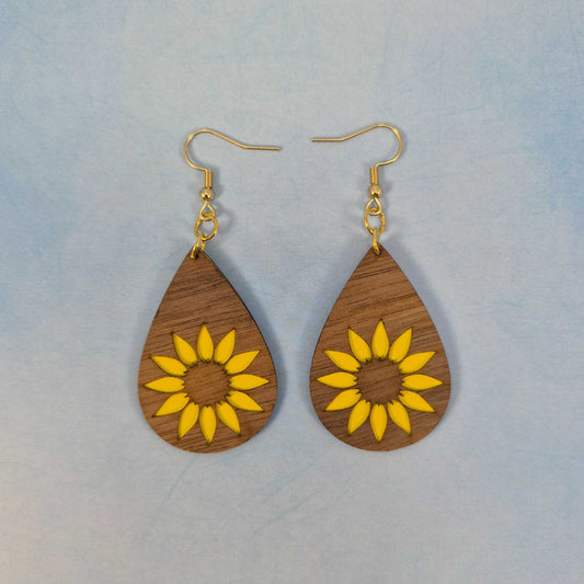 Sunflower Wood Veneer & Yellow Leatherette Dangle Earrings - Simple Front View