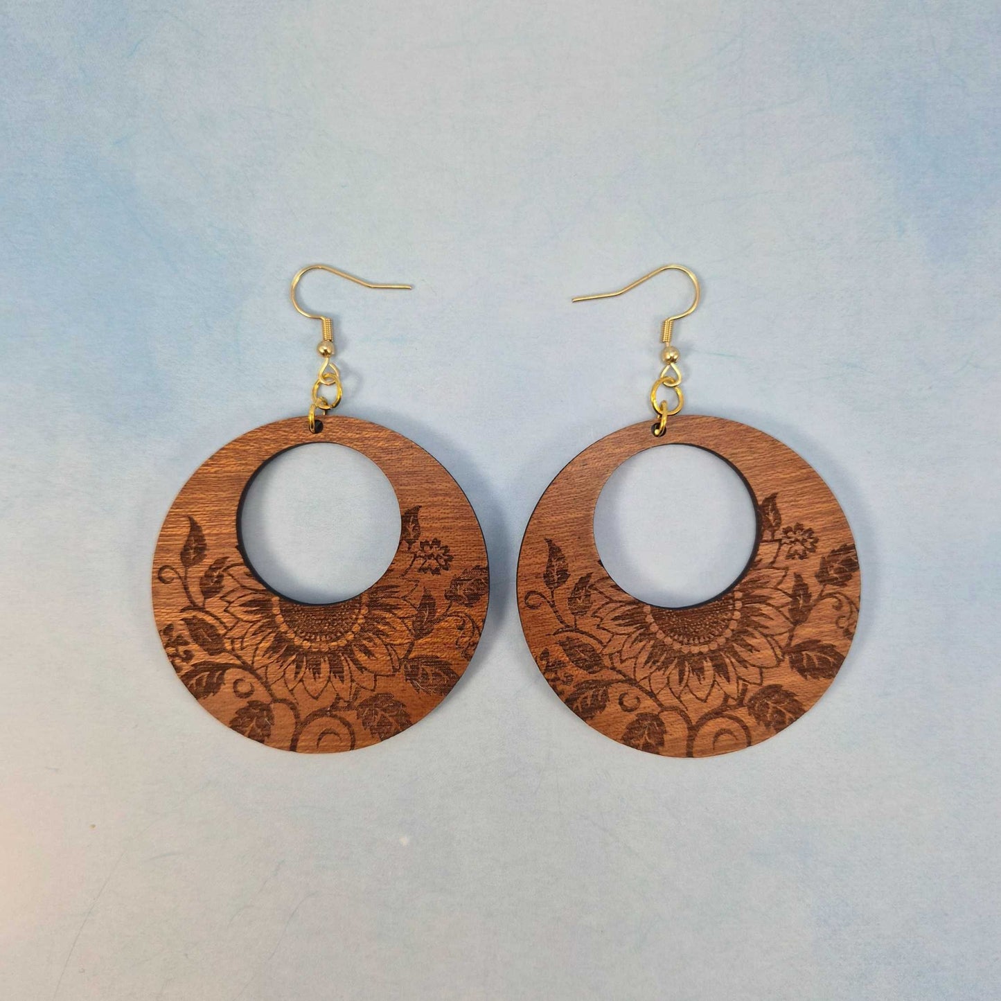 Large Round Wood Sunflower Circle Cutout Earrings