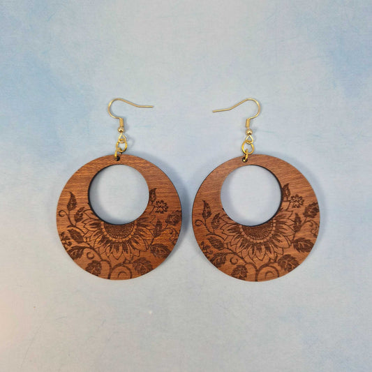 Large Round Wood Sunflower Circle Cutout Earrings