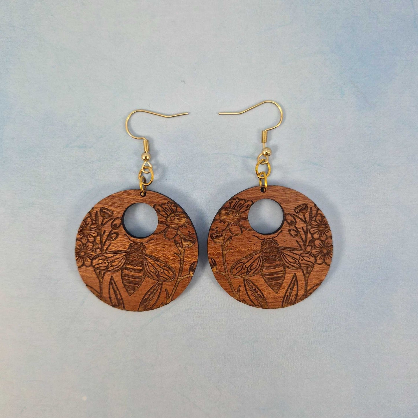 Bee and Floral Engraved Round Wood Earrings With Circle Cutout