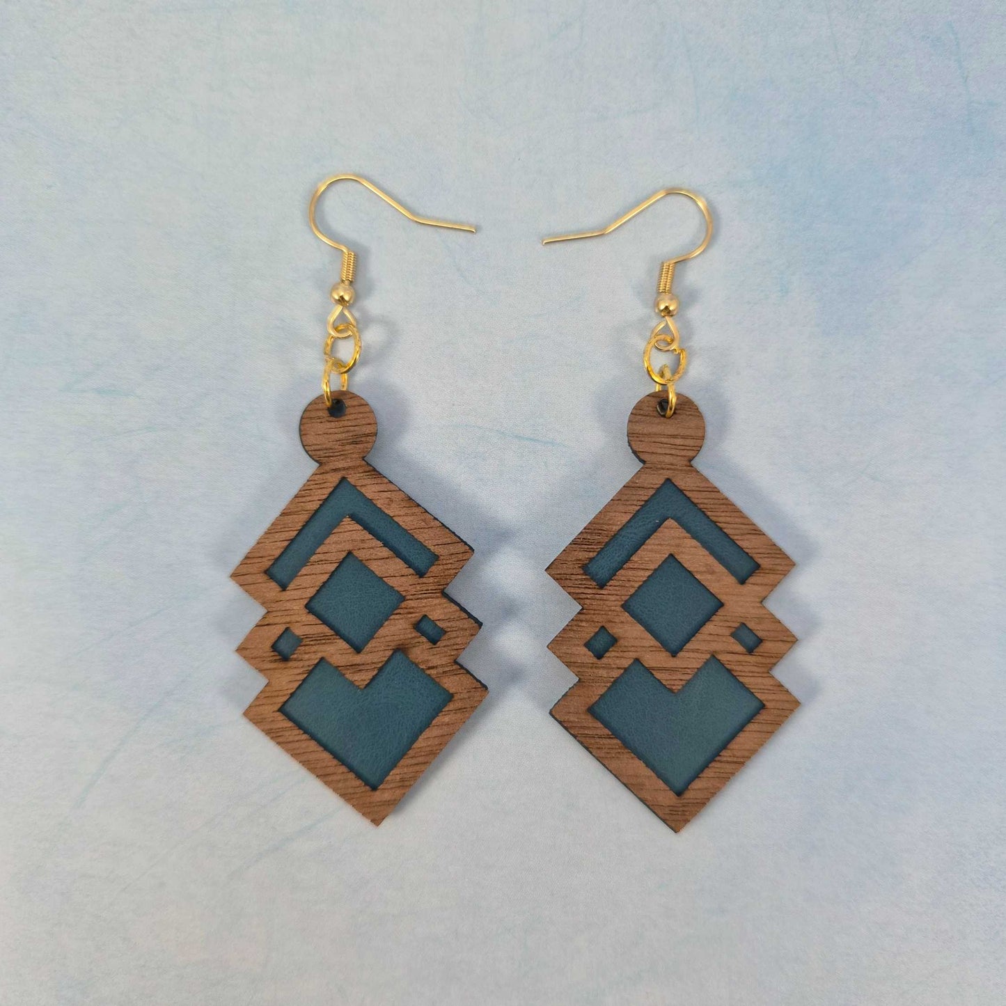 Geometric Walnut Wood Veneer & Blue Leatherette Earrings - 3 styles