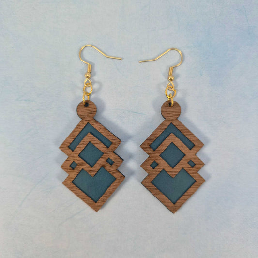 Geometric Walnut Wood Veneer & Blue Leatherette Earrings - 3 styles