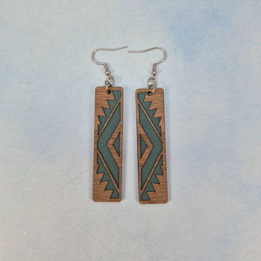 Aztec Geometric Wood Veneer & Blue Leatherette Rectangle Earrings