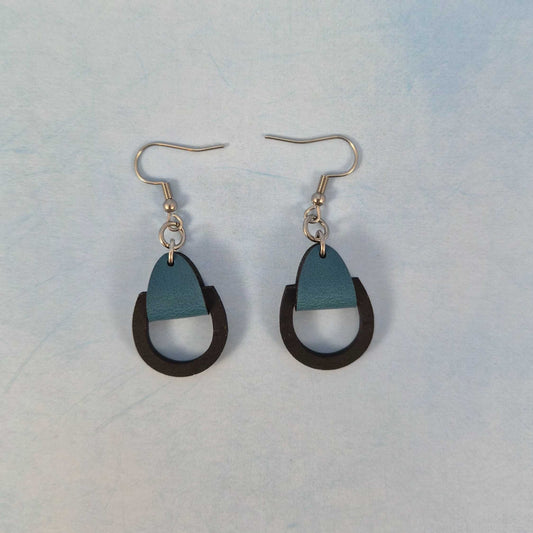 Small Round Black Painted Wood and Blue Leatherette Dangle Earring