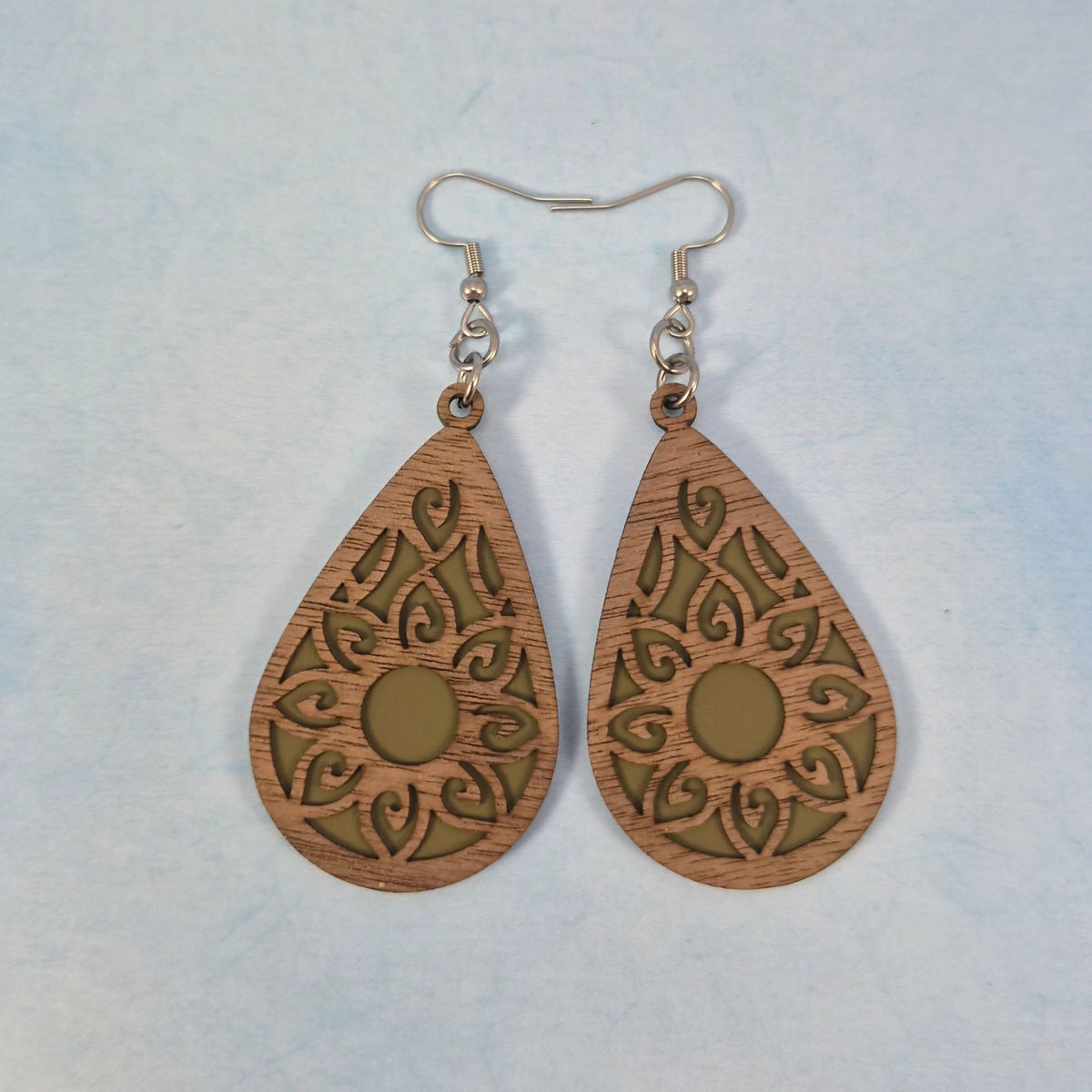 Mandala Leatherette and Walnut Wood Veneer Teardrop Earrings