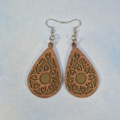 Mandala Leatherette and Walnut Wood Veneer Teardrop Earrings