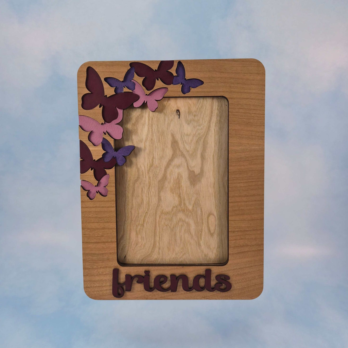 Layered Cherry Wood Picture Frame With Inlaid Leatherette Butterflies