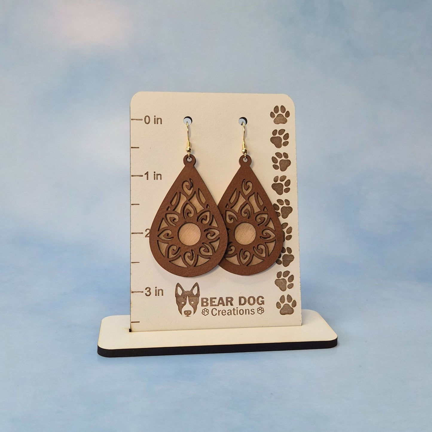 Mandala Dark Brown Leatherette (top) Light Wood Veneer (bottom) Teardrop Earrings