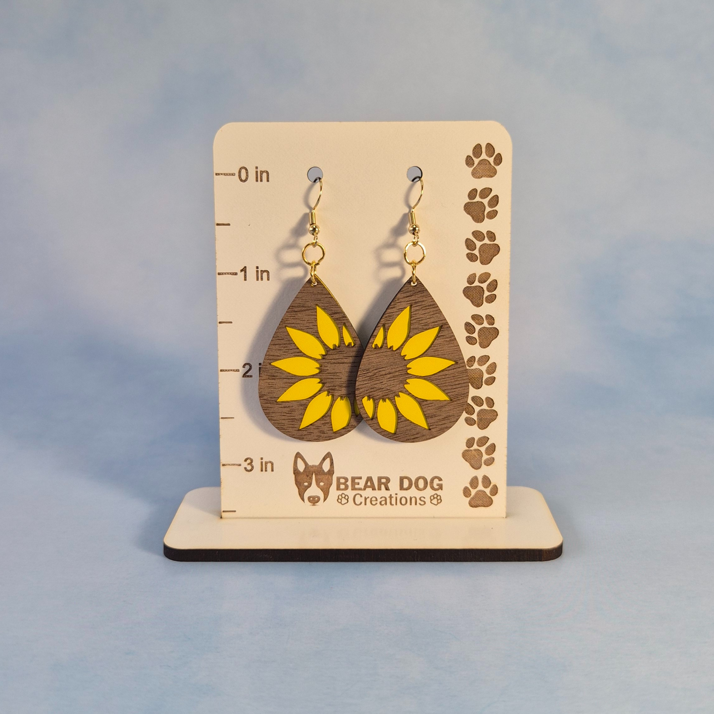 Sunflower Wood Veneer & Yellow Leatherette Dangle Earrings - Side View