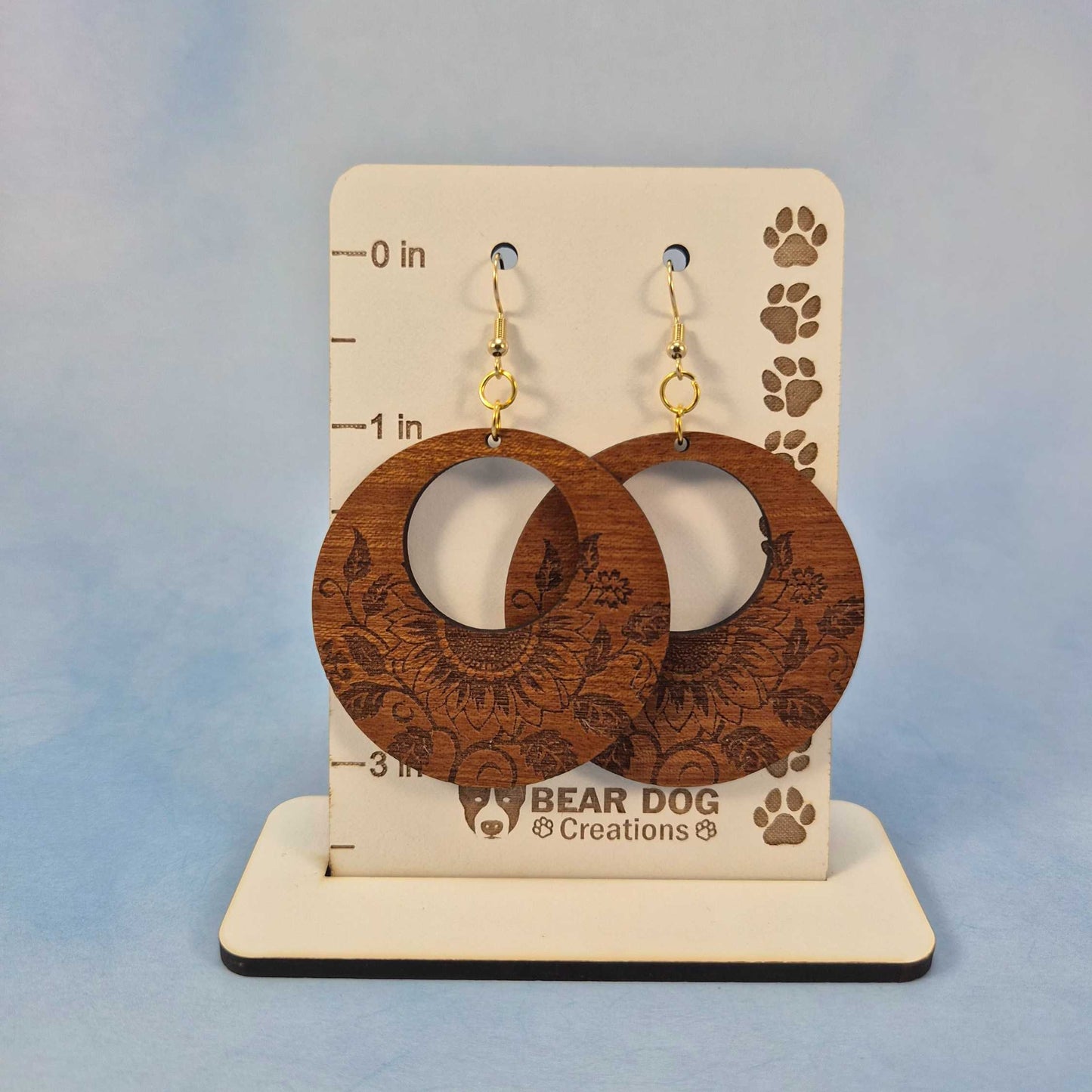 Large Round Wood Sunflower Circle Cutout Earrings