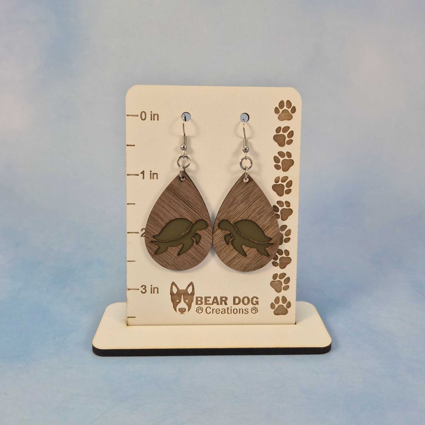 Turtle Side View Walnut Wood Veneer & Olive Green Leatherette Earrings