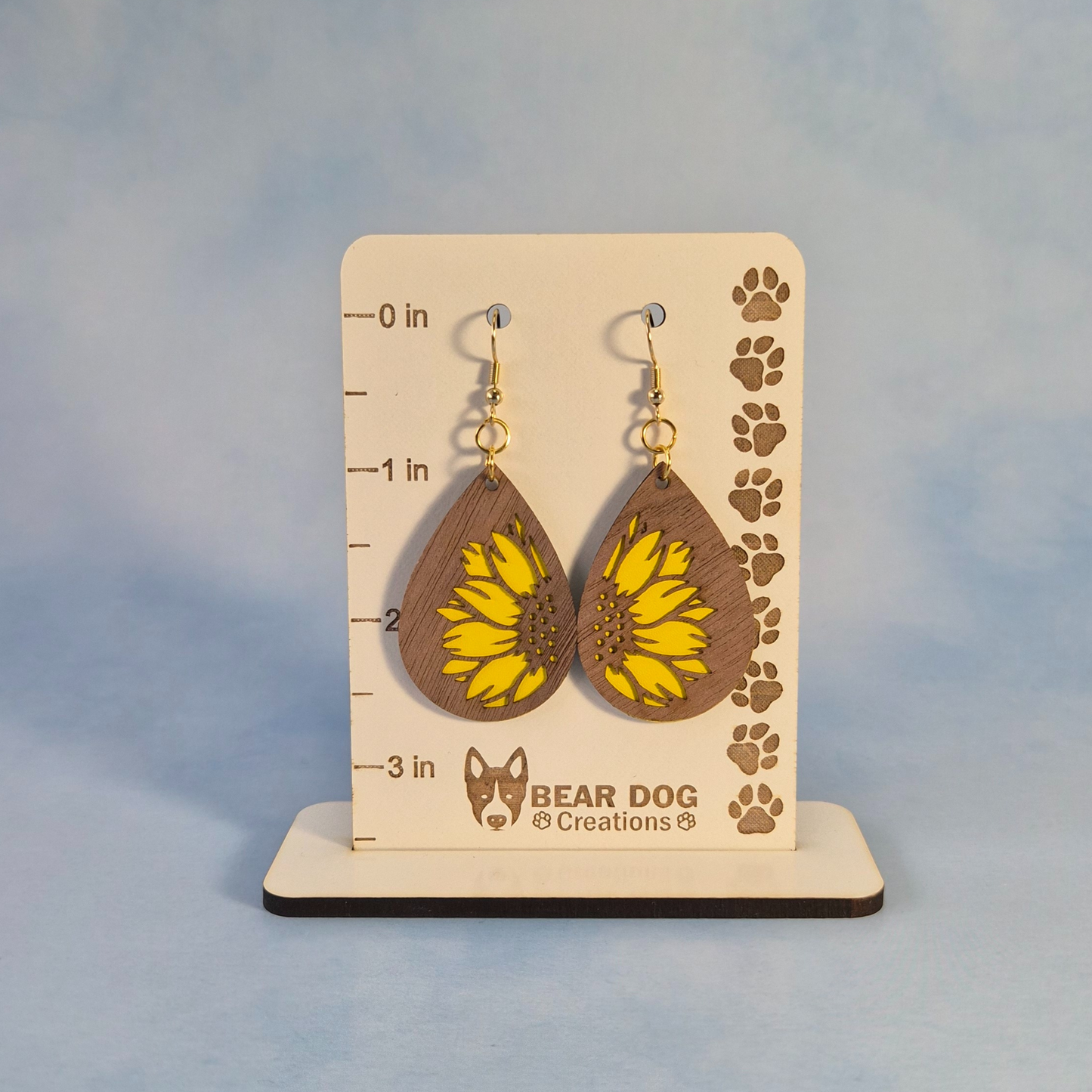 Sunflower Wood Veneer & Yellow Leatherette Dangle Earrings - Detailed Side View