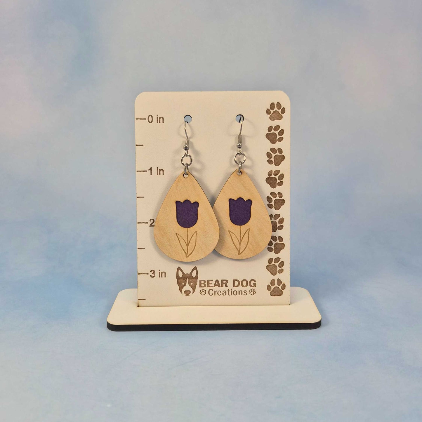 Tulip Flower Maple Wood Veneer & Purple Leatherette Earrings