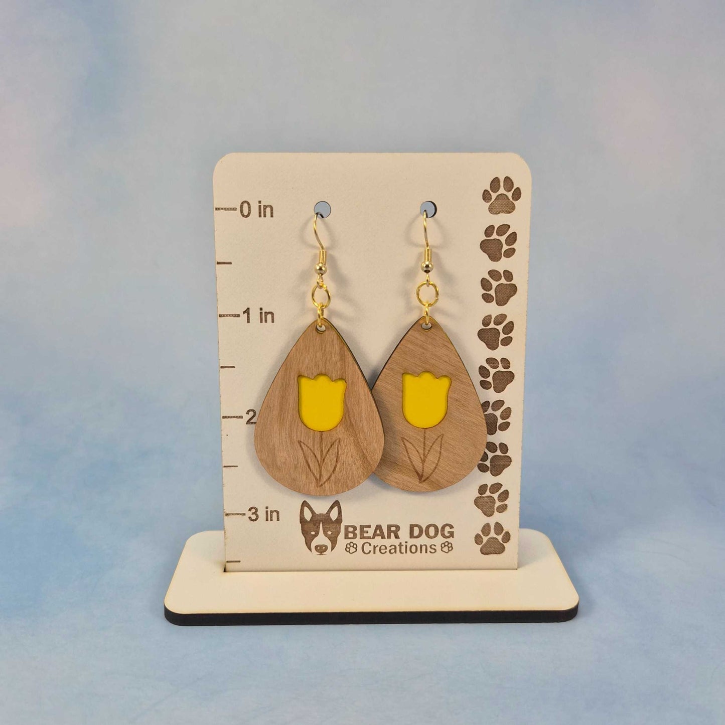 Tulip Flower Cherry Wood Veneer & Yellow Leatherette Earrings