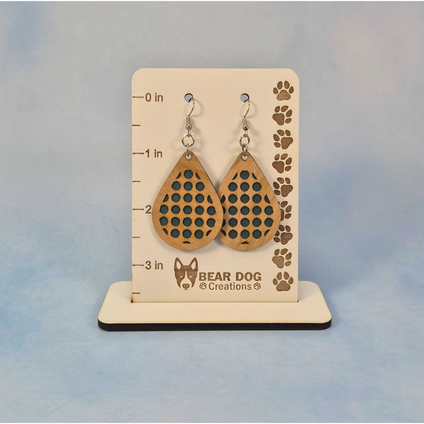 Geometric Wood Veneer & Blue Leatherette Earrings - Circle Design