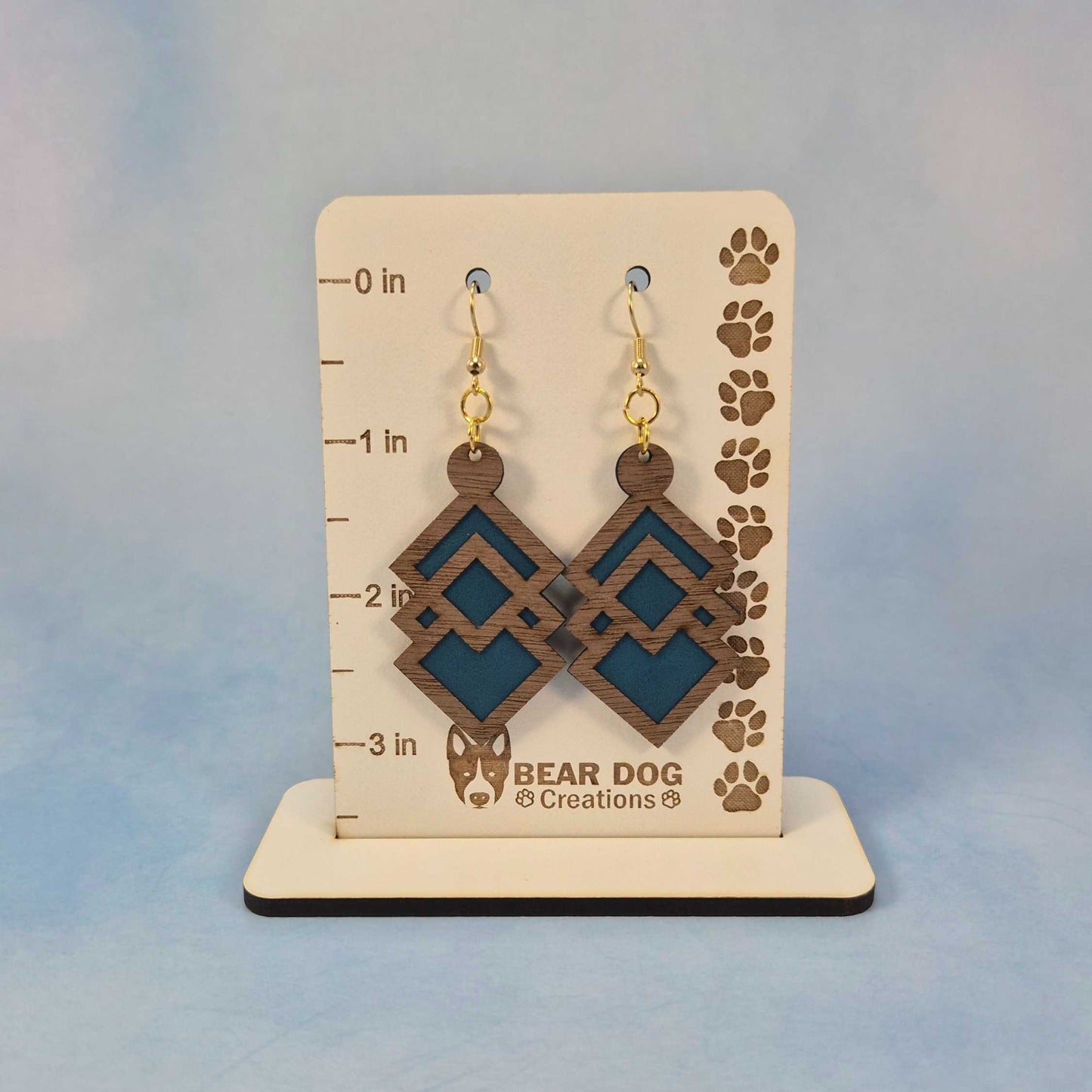 Geometric Walnut Wood Veneer & Blue Leatherette Earrings - 3 styles
