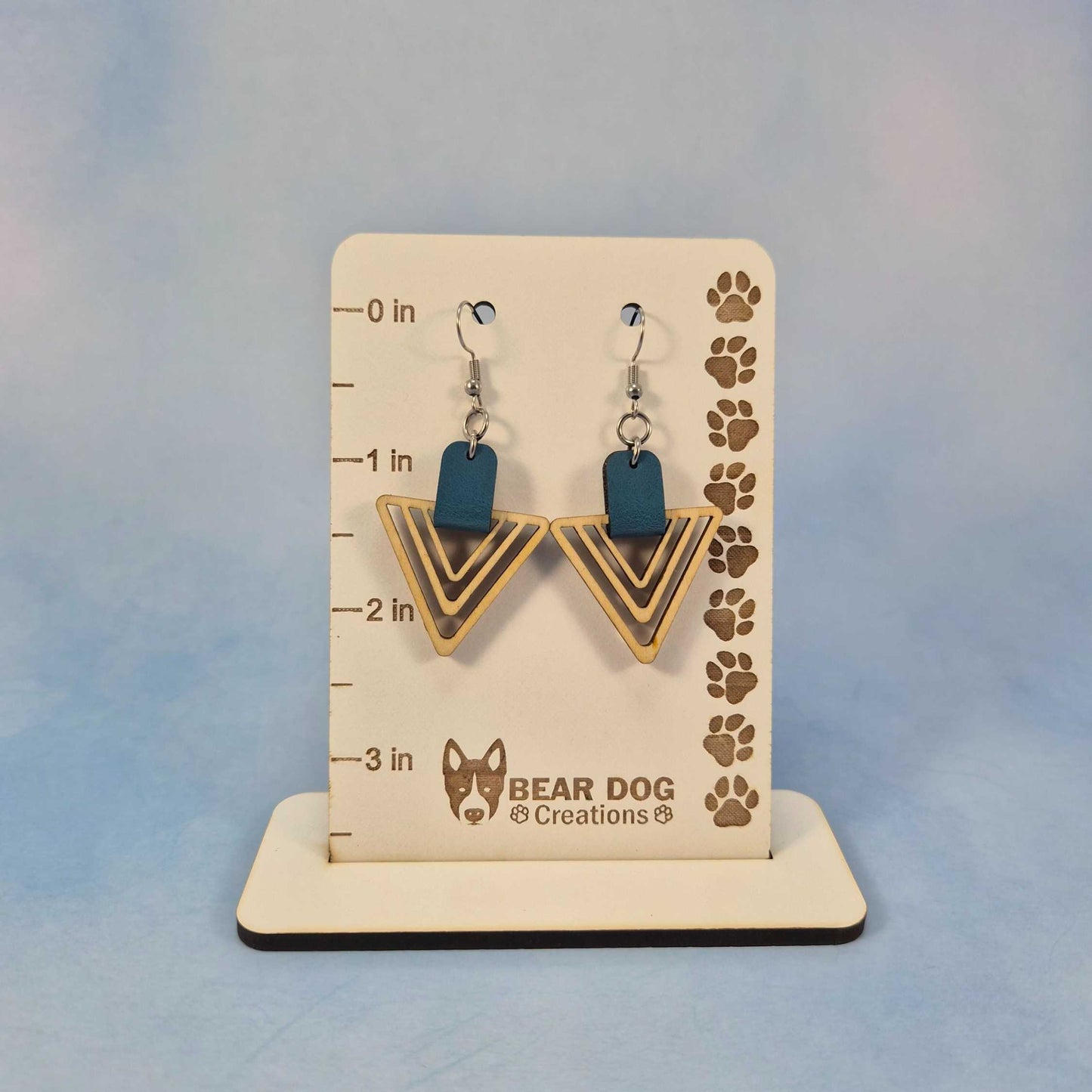 Light Wood Triangle and Blue Leatherette Dangle Earring
