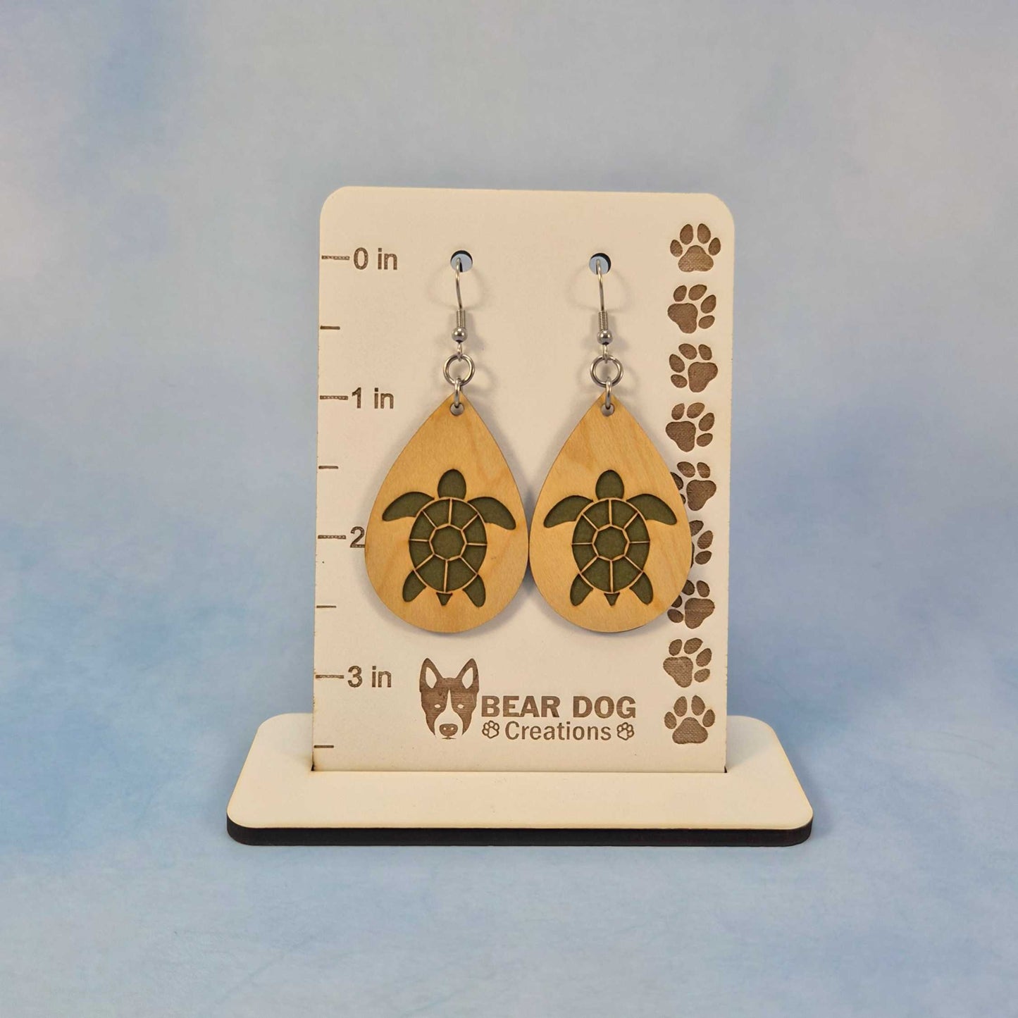 Sea Turtle Top View Maple Wood Veneer & Olive Green Leatherette Earrings