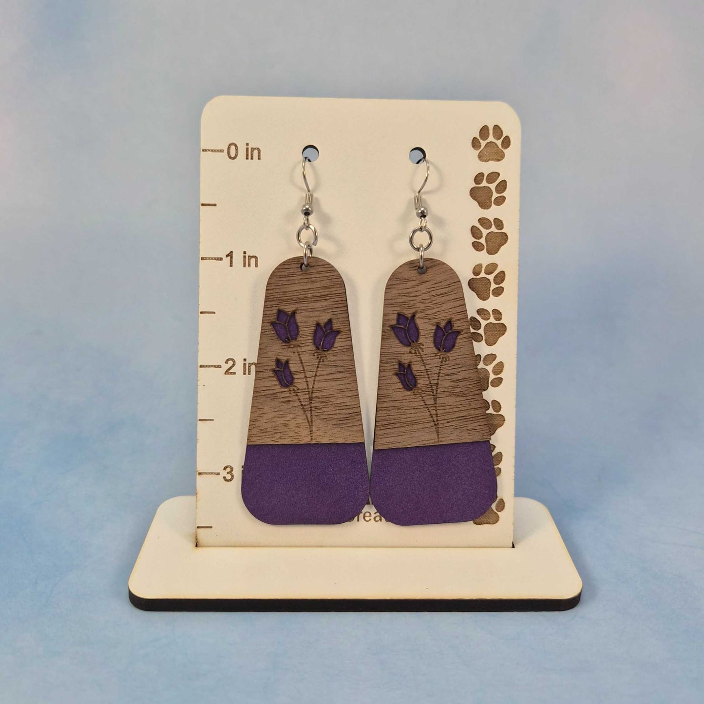 Large Purple Floral Dark Wood Veneer & Leatherette Dangle Earring