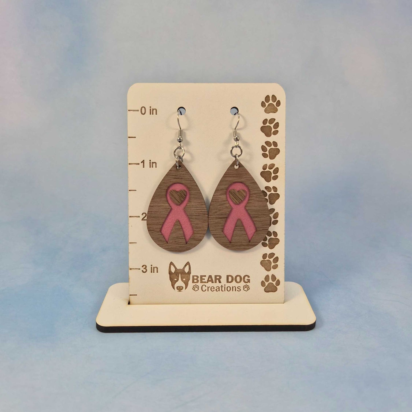 Breast Cancer Survivor Walnut Wood Veneer & Pink Leatherette Earrings