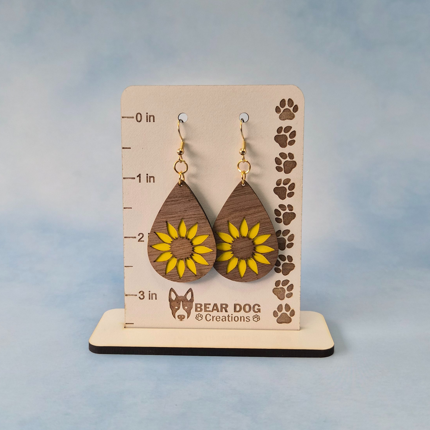 Sunflower Wood Veneer & Yellow Leatherette Dangle Earrings - Simple Front View