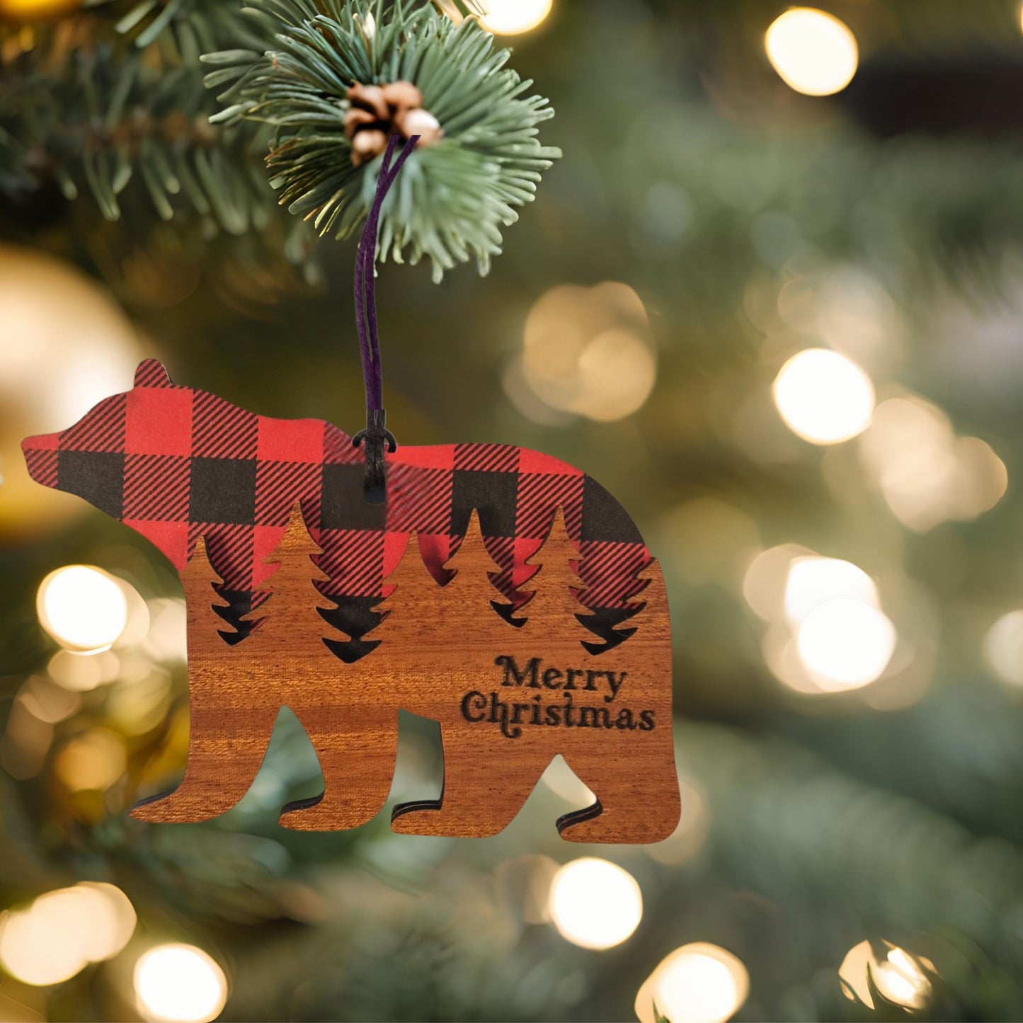 Bear Ornament - Black / Red Buffalo Plaid Layered Wood