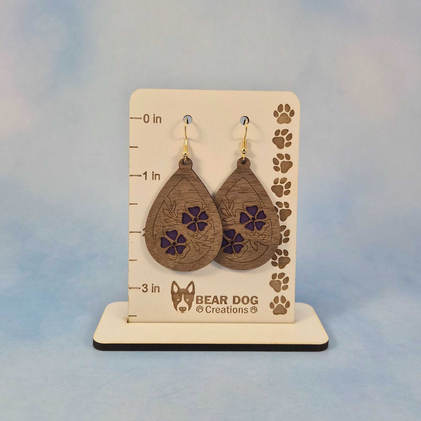 Engraved Wood Veneer & Purple Leatherette Floral Teardrop Earrings