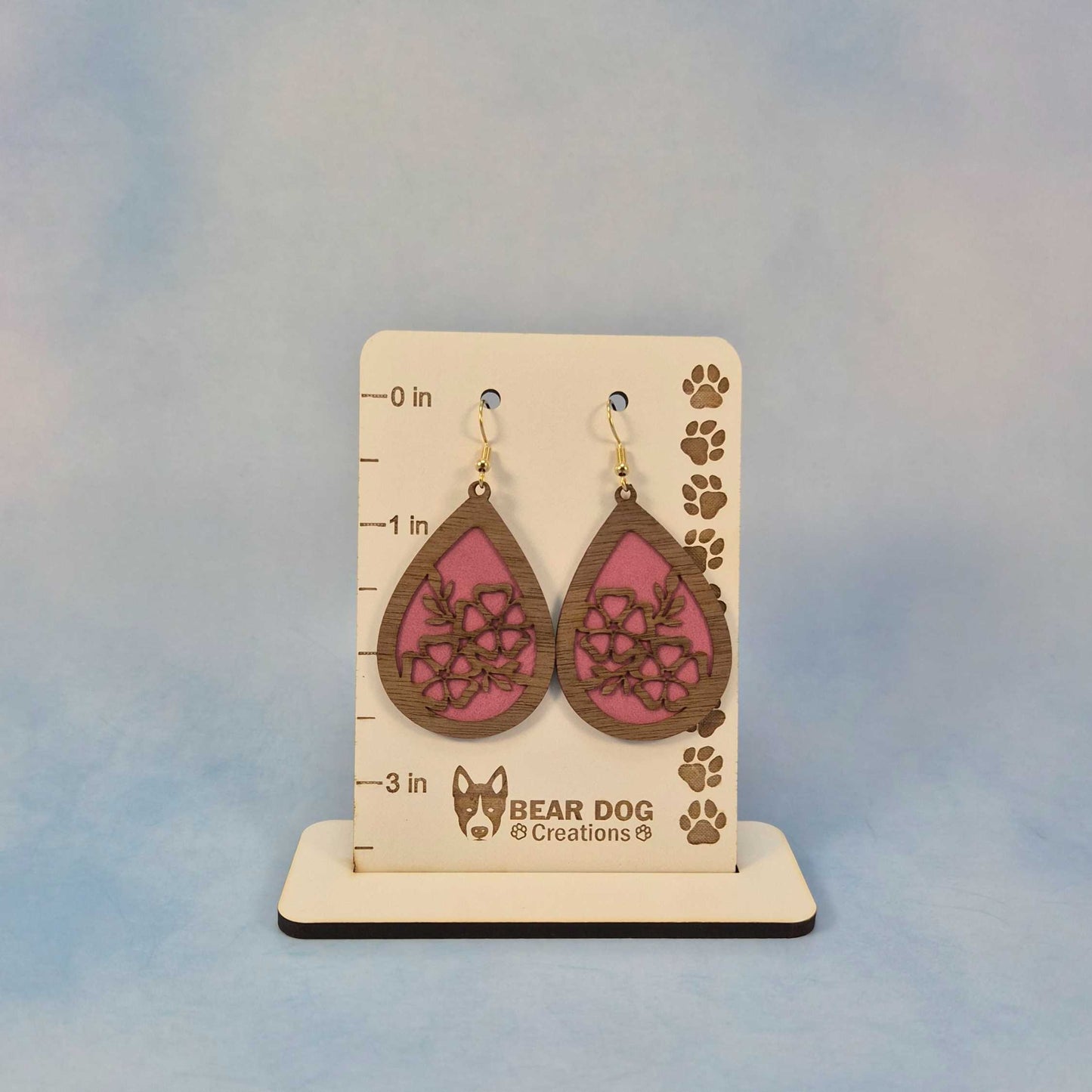 Wood Veneer & Pink Leatherette Floral Teardrop Earrings