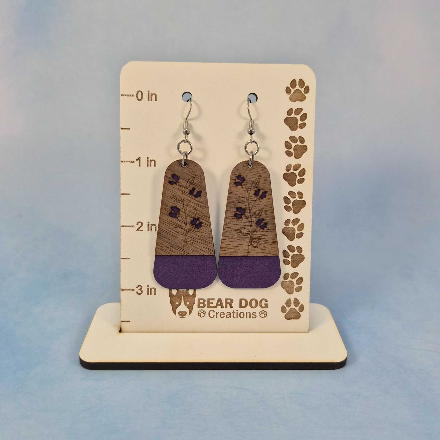Purple Floral Dark Wood Veneer & Leatherette Dangle Earring