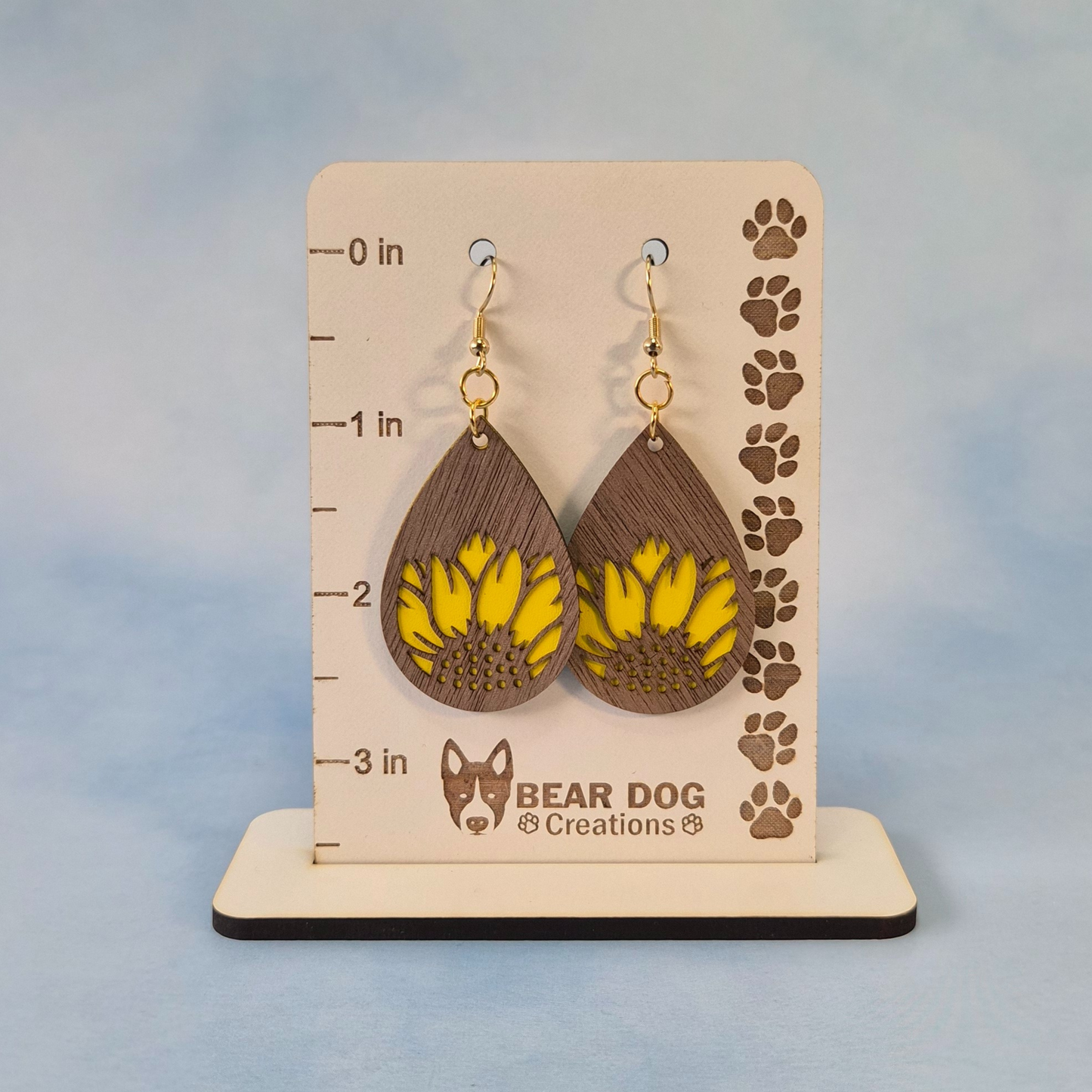 Sunflower Wood Veneer & Yellow Leatherette Dangle Earrings - Detailed Partial Front View