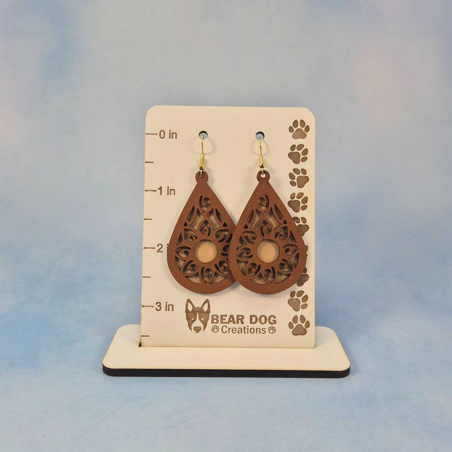 Mandala Dark Brown Leatherette Cherry Wood Veneer Teardrop Earrings