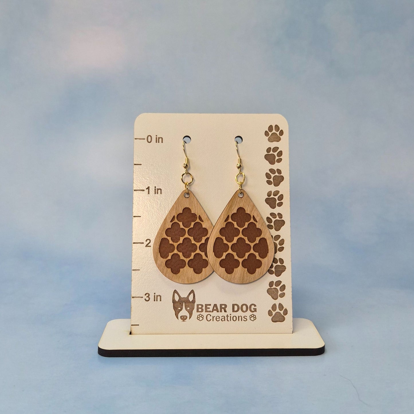 Geometric Cherry Wood Veneer & Brown Leatherette Earrings - Club Design