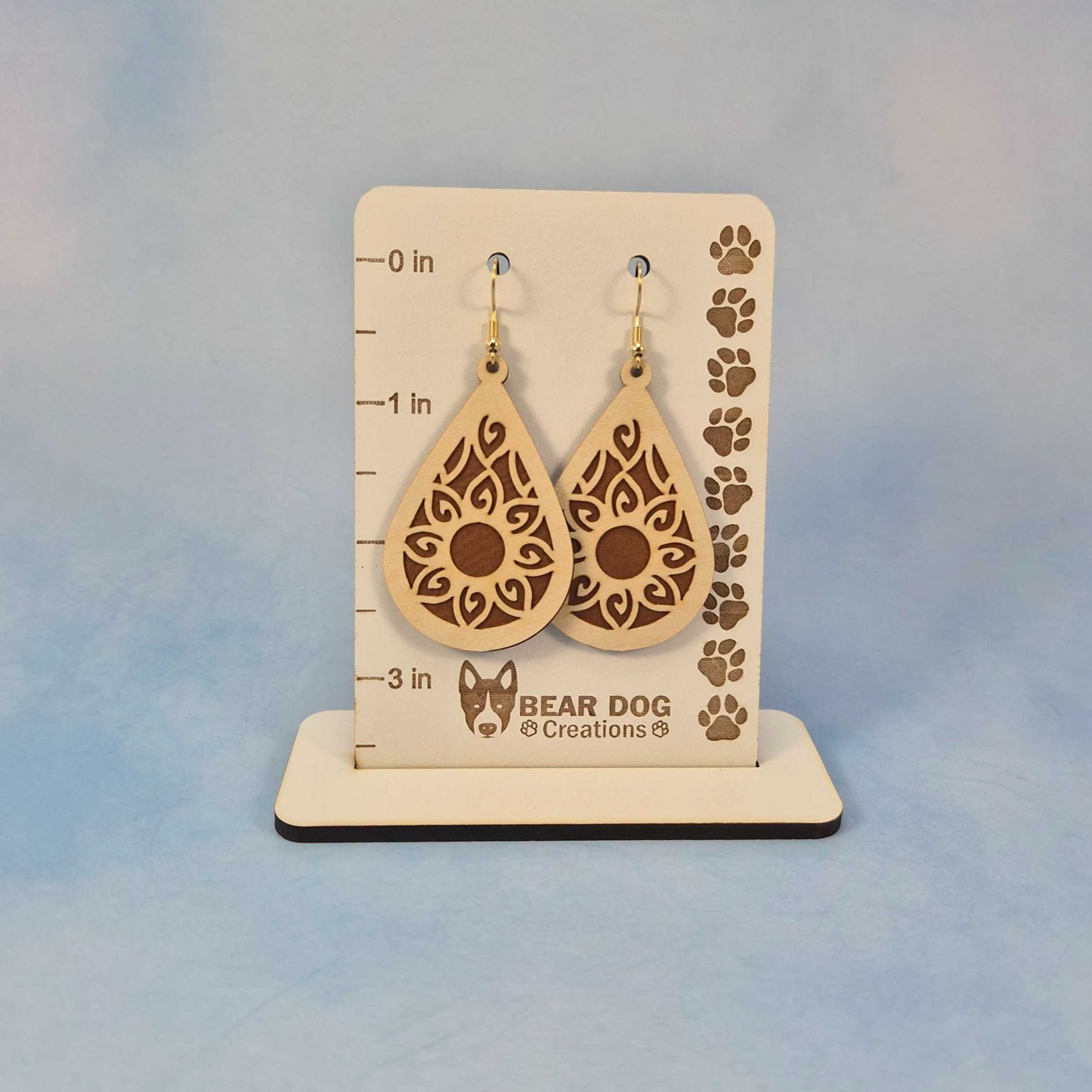 Mandala Maple Wood Veneer and Brown Leatherette Teardrop Earrings