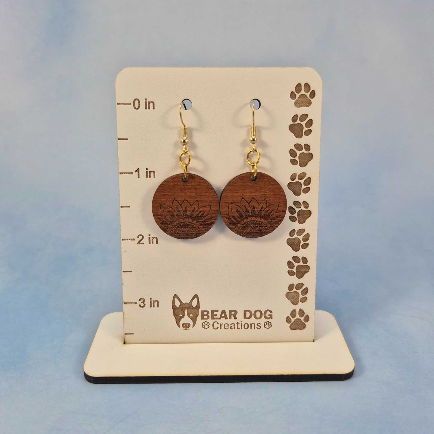 Small Round Sunflower Engraved Wood Earrings