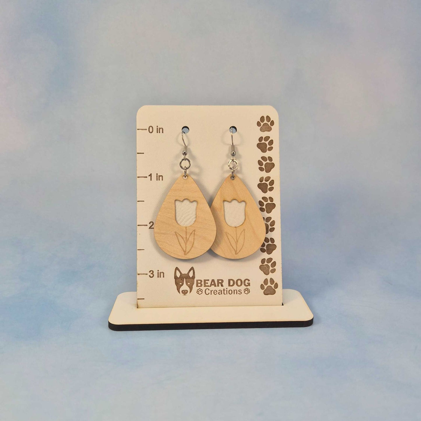 Tulip Flower Maple Wood Veneer & White Leatherette Earrings