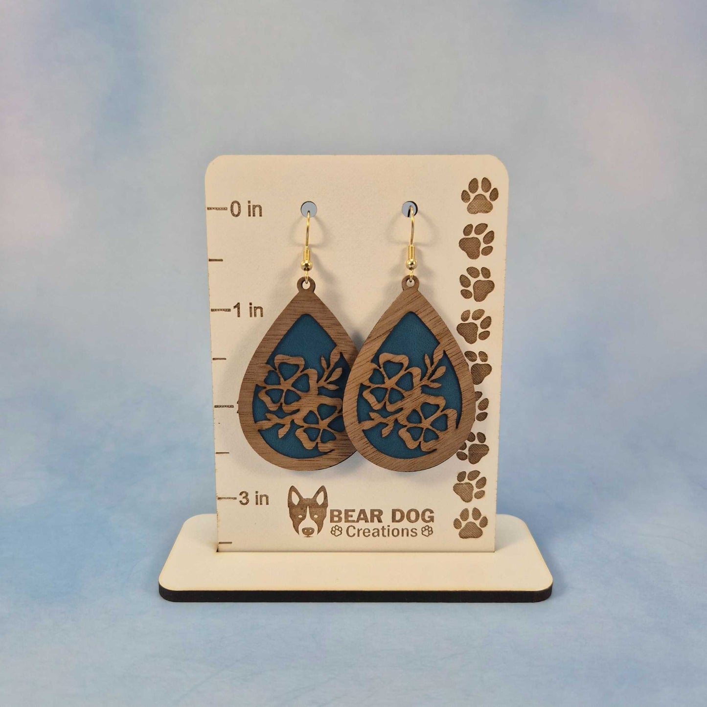 Wood Veneer & Blue Leatherette Floral Teardrop Earrings