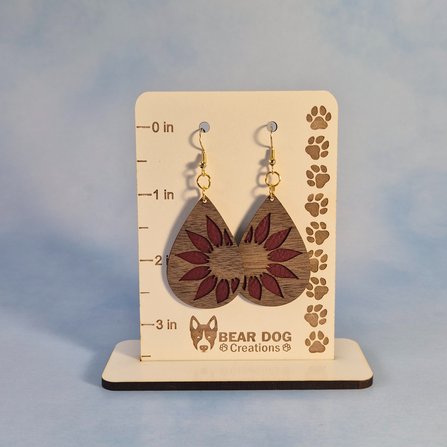 Sunflower Wood and Maroon Leatherette Dangle Earrings - Side View