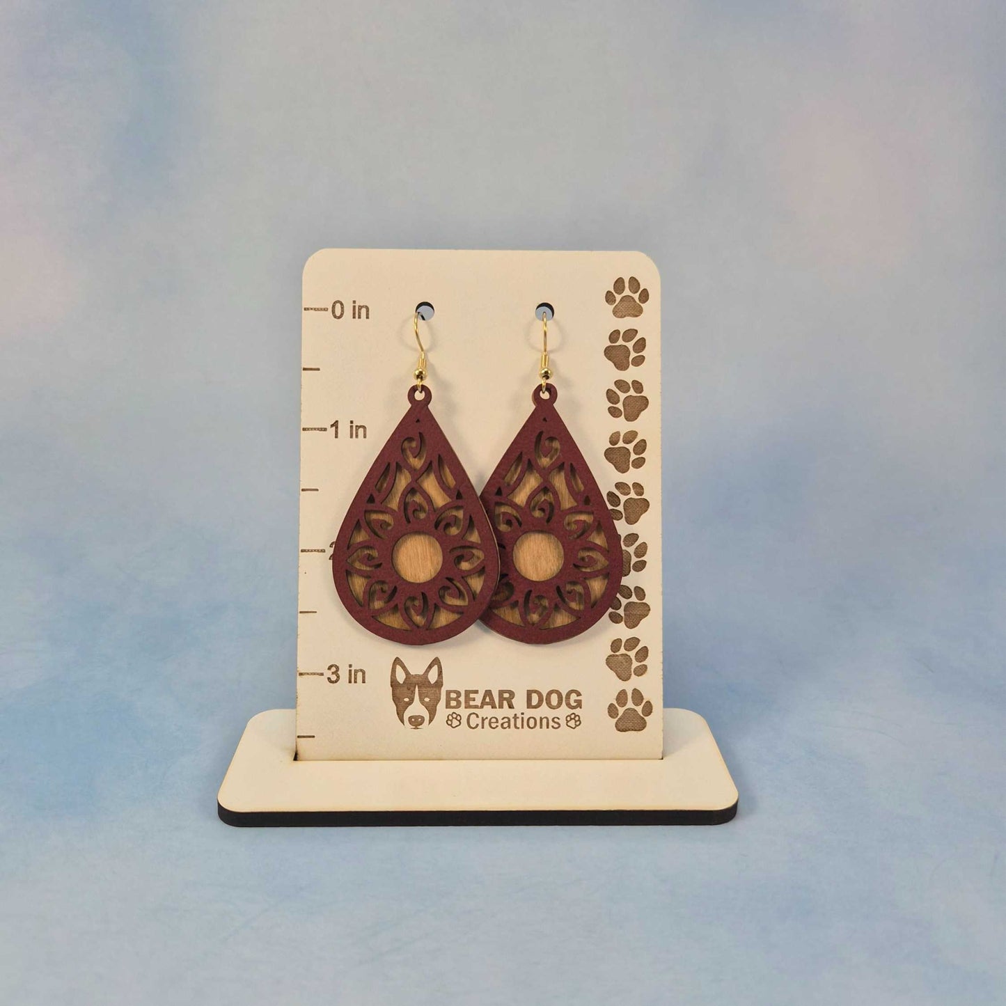Mandala Maroon Leatherette and Cherry Wood Veneer Teardrop Earrings