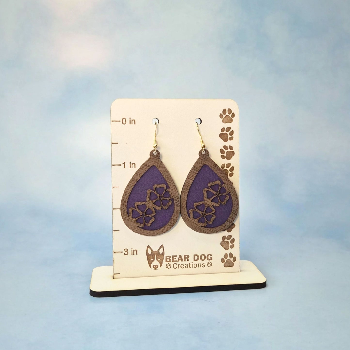 Wood Veneer & Purple Leatherette Floral Dangle Earrings