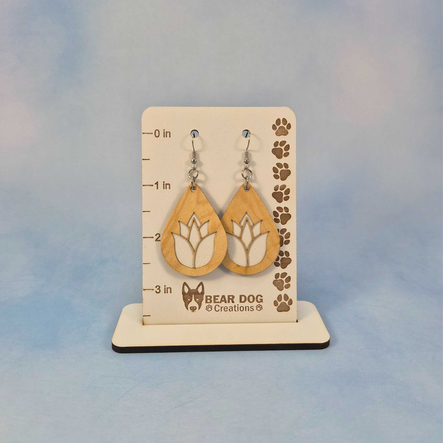 Lotus Flower Maple Wood Veneer & White Leatherette Earrings