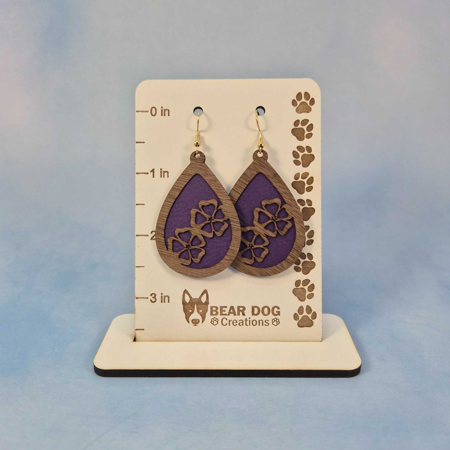 Wood Veneer & Purple Leatherette Floral Teardrop Earrings