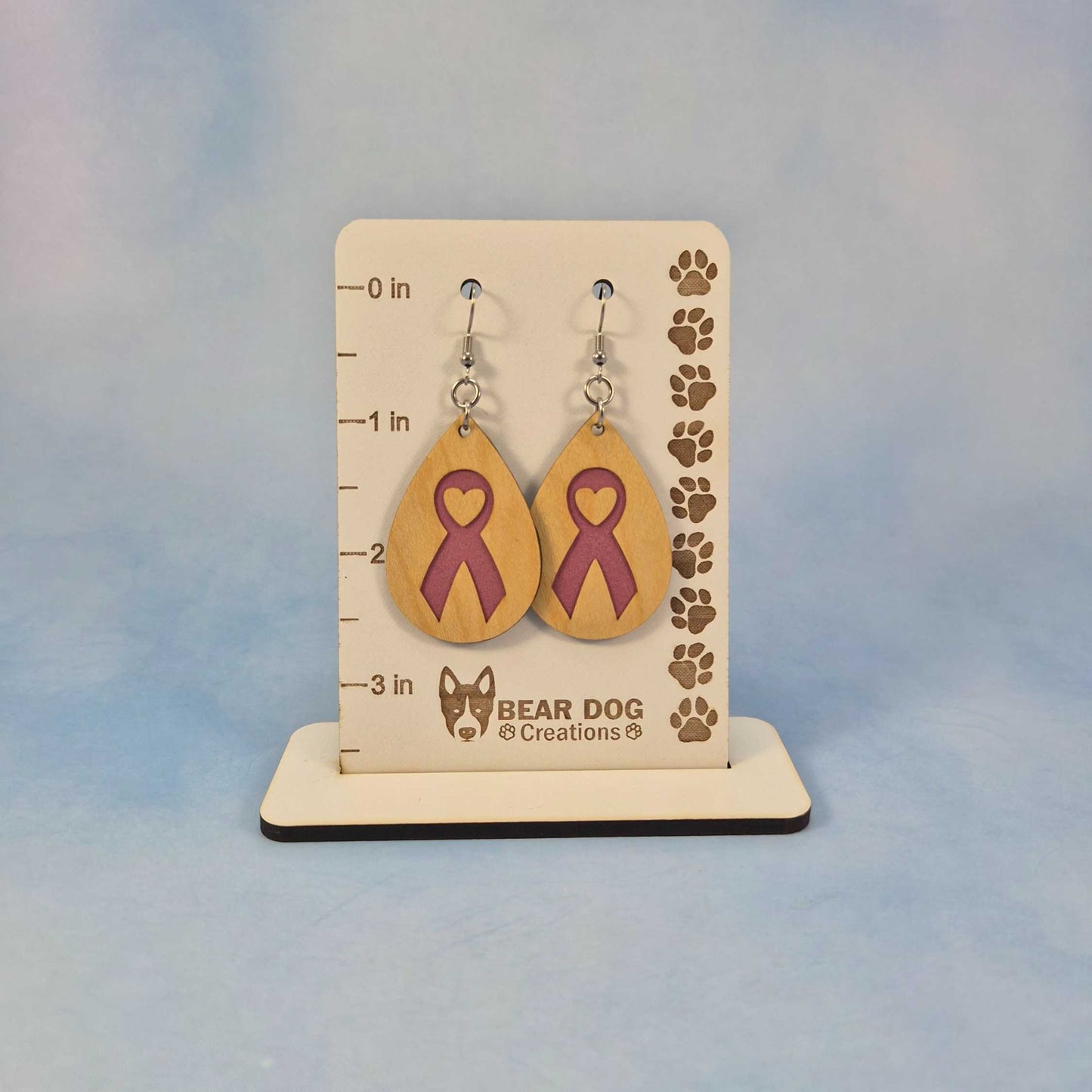 Breast Cancer Survivor Cherry Wood Veneer & Pink Leatherette Earrings