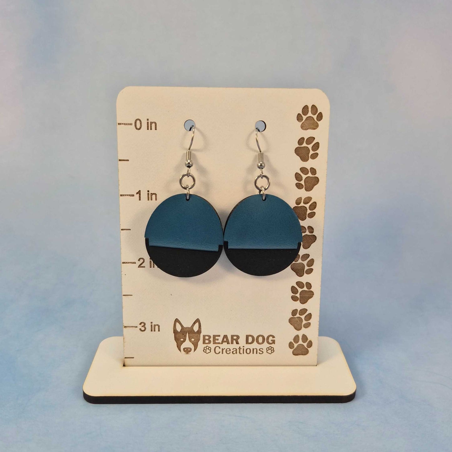 Round Solid Black Painted Wood and Blue Leatherette Dangle Earring