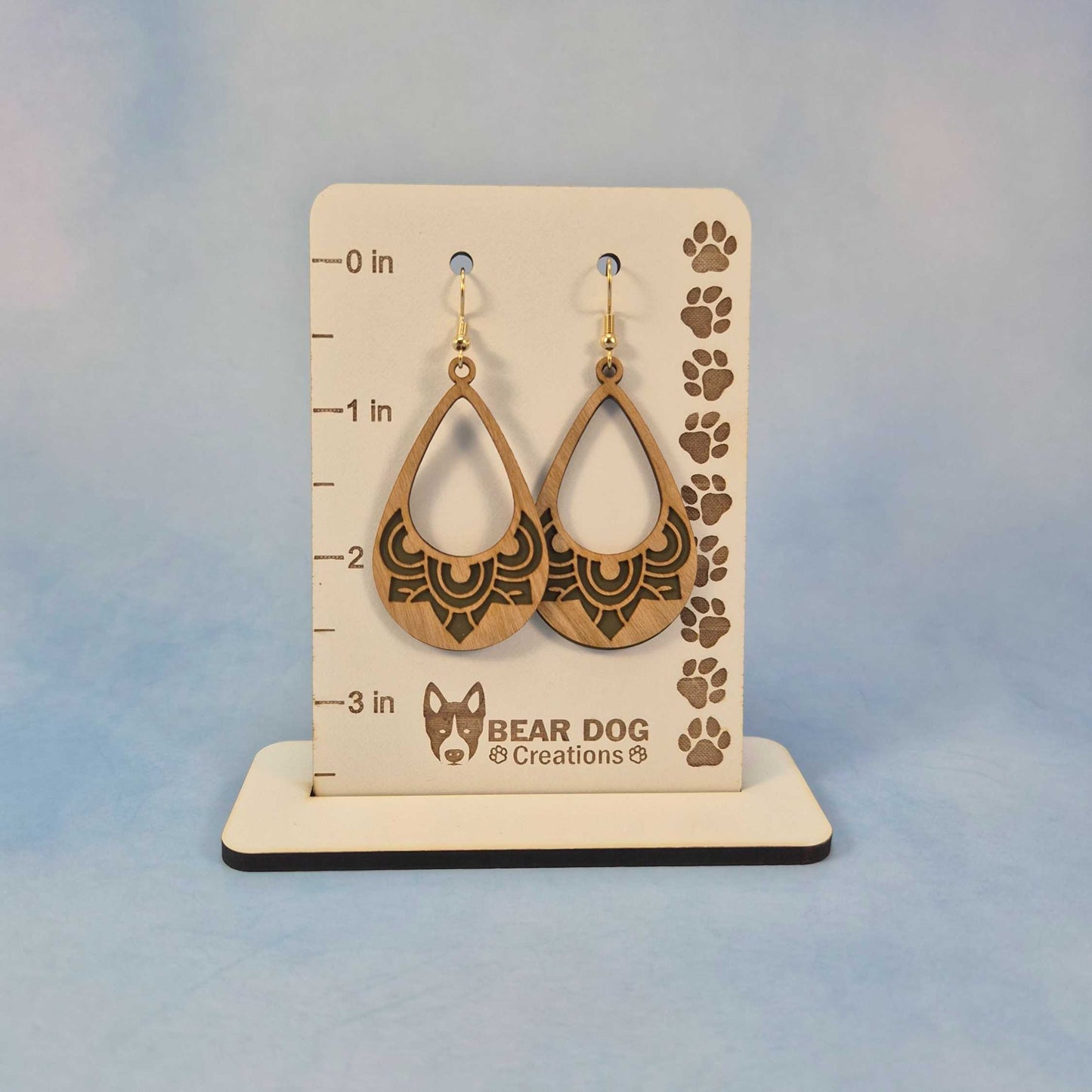 Mandala Cutout Light Wood Veneer & Olive Green Leatherette Earrings