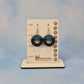 Round Circle Cutout Black Painted Wood and Blue Leatherette Dangle Earring