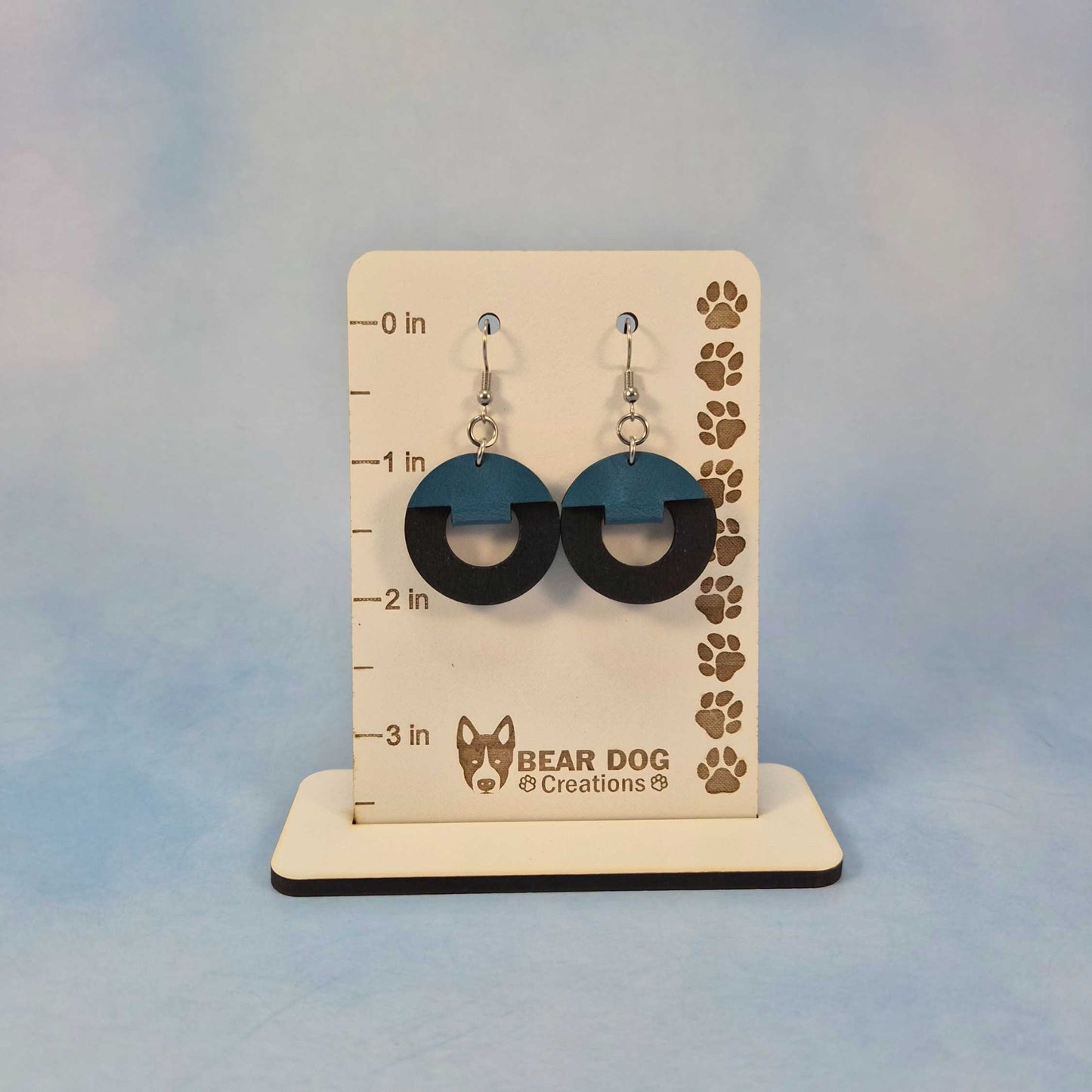 Round Circle Cutout Black Painted Wood and Blue Leatherette Dangle Earring