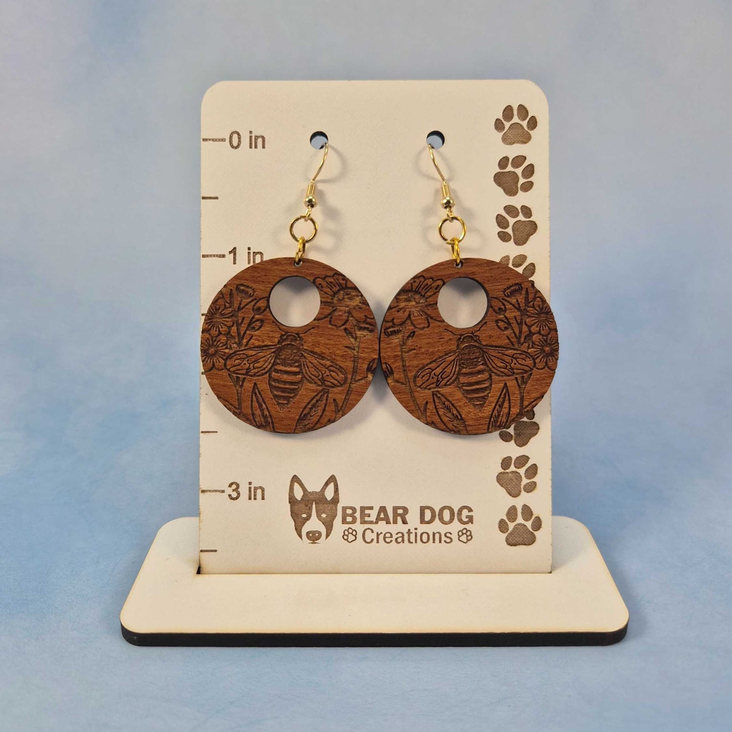Bee and Floral Engraved Round Wood Earrings With Circle Cutout