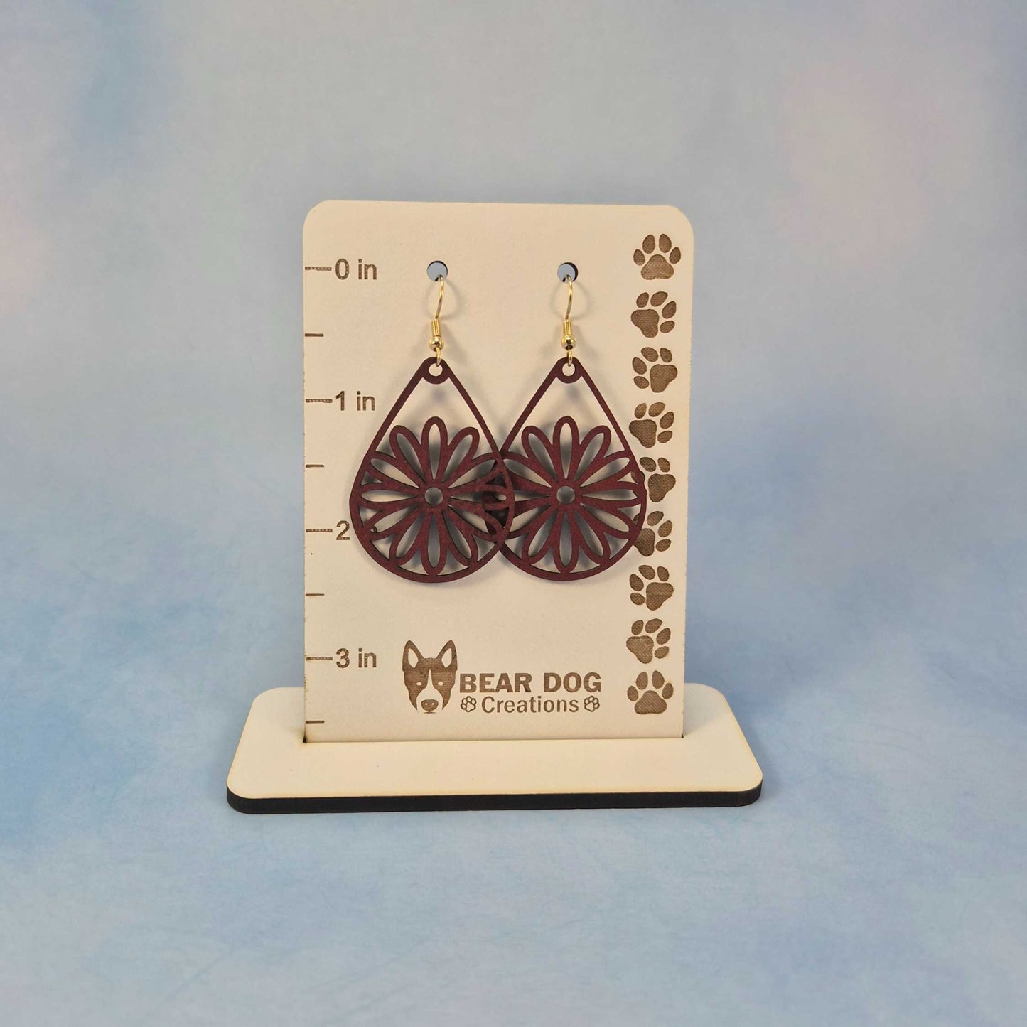 Maroon Daisy Flower Leatherette Teardrop Earrings